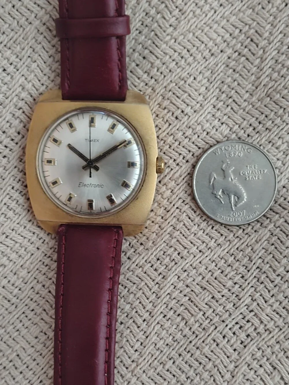 Vintage Timex Gold-Tone Electronic Watch with Burgundy Strap